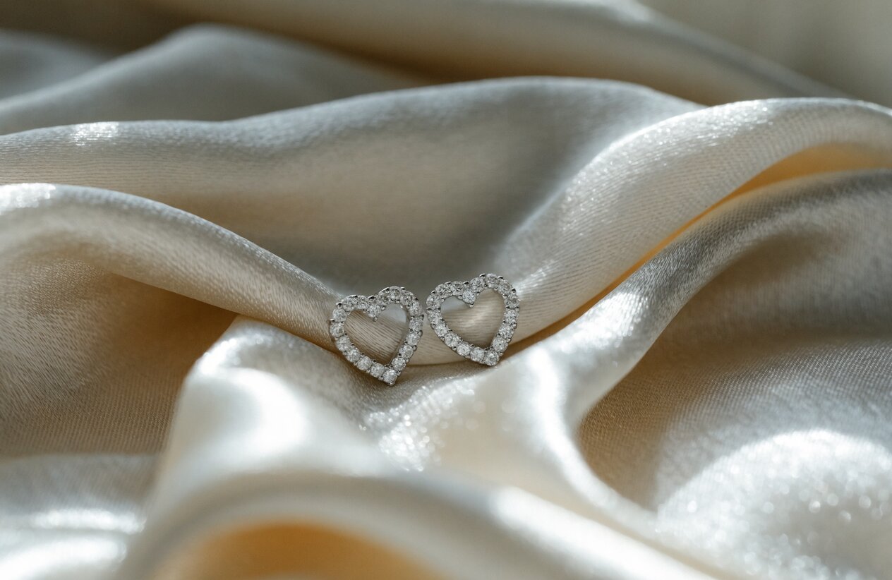 Heart shaped moissanite stud earrings in sterling silver resting on cream satin