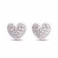 The Timeless Heart Pavé Earrings feature a textured, diamond-like surface with sparkling VVS lab stones set in shiny sterling silver, shown on a plain white background.