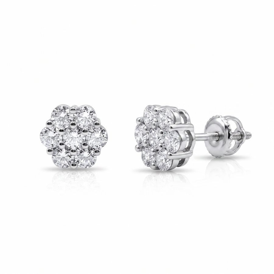 9mm Luxurious Cluster Earrings - pair shown front and side with screw-back post