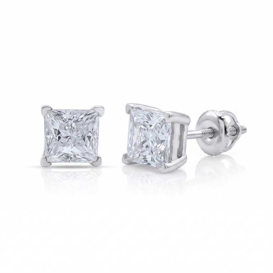 Luxe Princess Cut Earrings - pair shown front and side with screw-back post