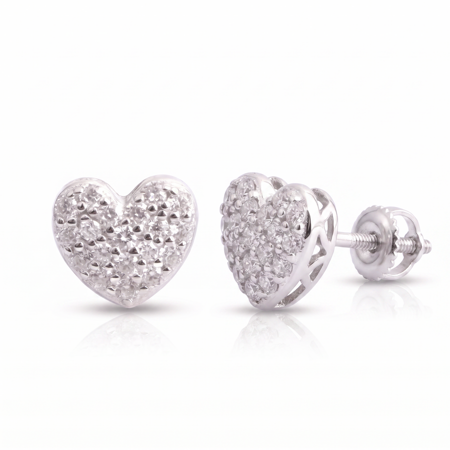 Timeless Heart Pave Earrings - pair shown front and side with screw-back post