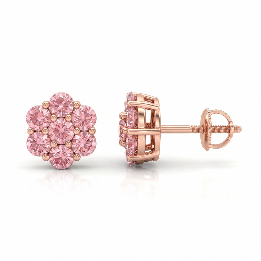 Luxurious Pink Cluster Earrings rose gold - pair shown front and side profile with screw-back post