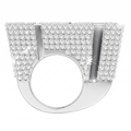 The Custom 'HK' Championship Pinky Ring features a wide, flat silver top with multiple rows of shimmering white gemstones in a bold geometric design—an eye-catching statement piece from Jamilah Jewels.