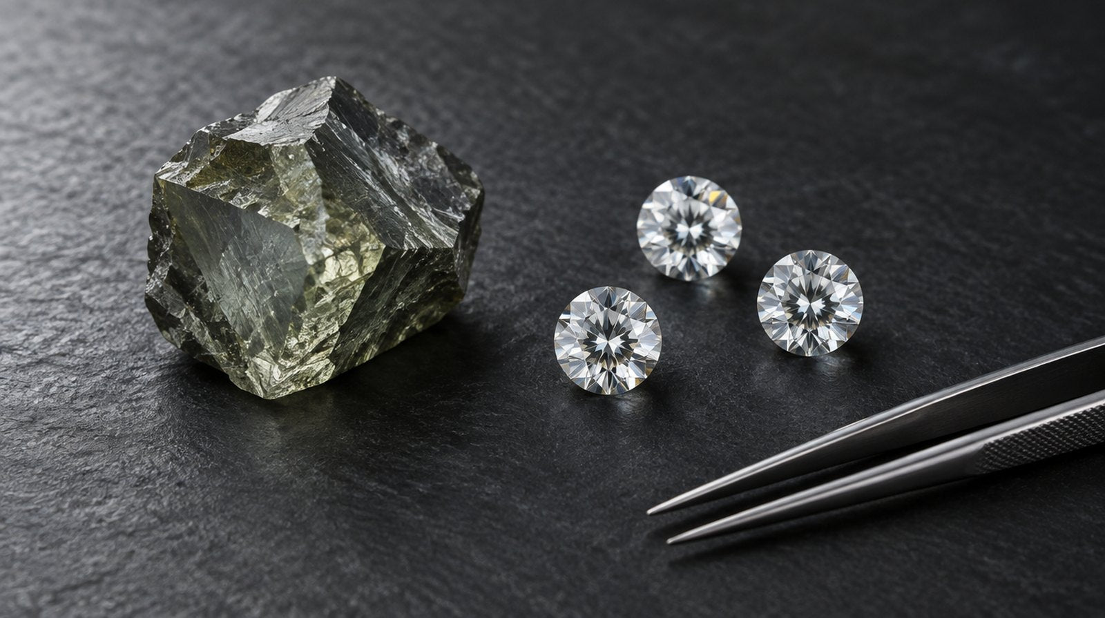 Rough silicon carbide crystal beside three cut colorless round moissanite stones on dark slate