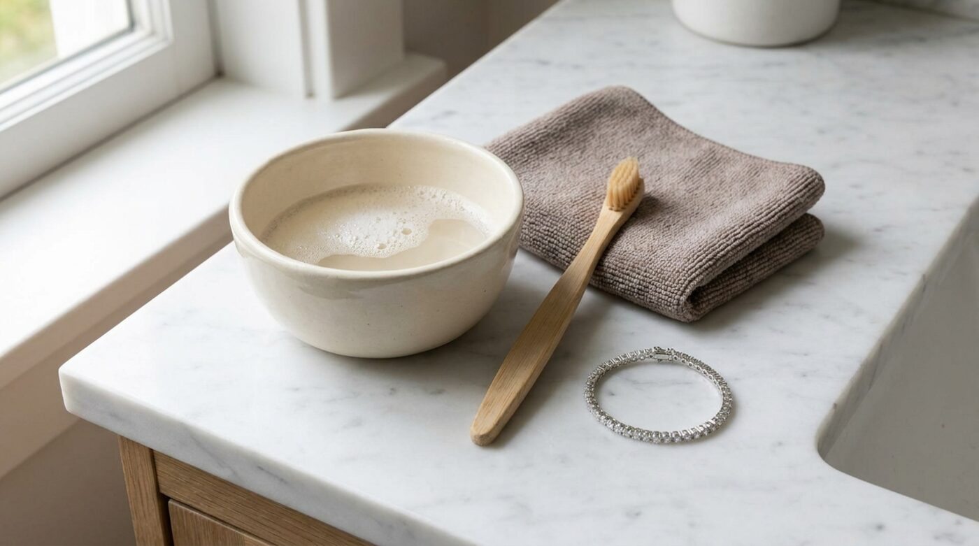 Bowl of warm soapy water, a soft toothbrush and a microfiber cloth beside a sterling silver moissanite tennis bracelet