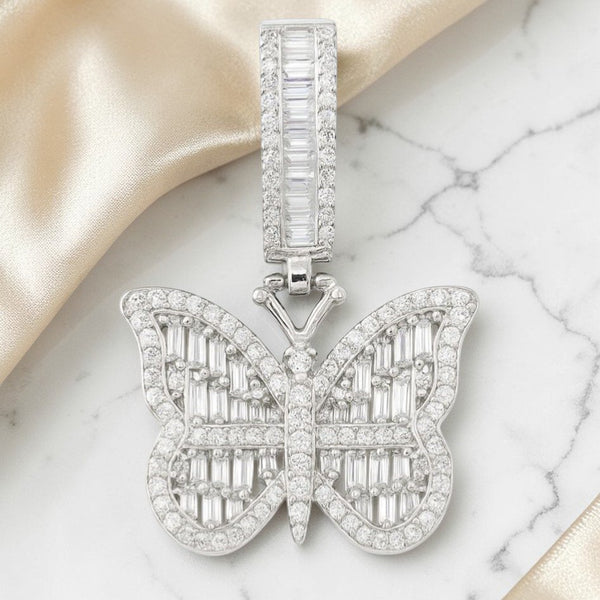 Butterfly Baguette VVS Moissanite Pendant in .925 Sterling Silver on Marble - Jamilah Jewels