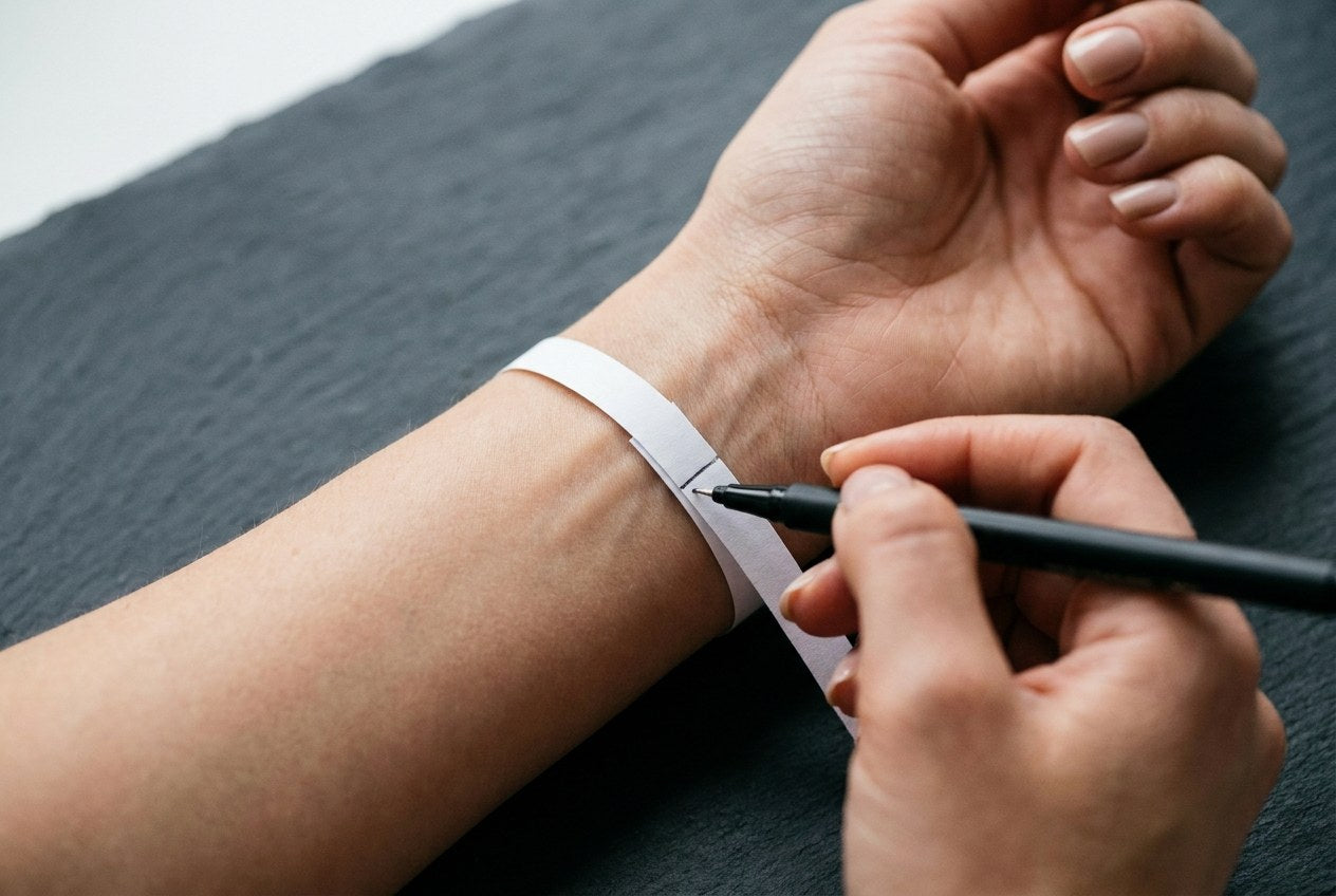 A narrow paper strip wrapped low around a wrist with a pen marking the point where the two ends overlap