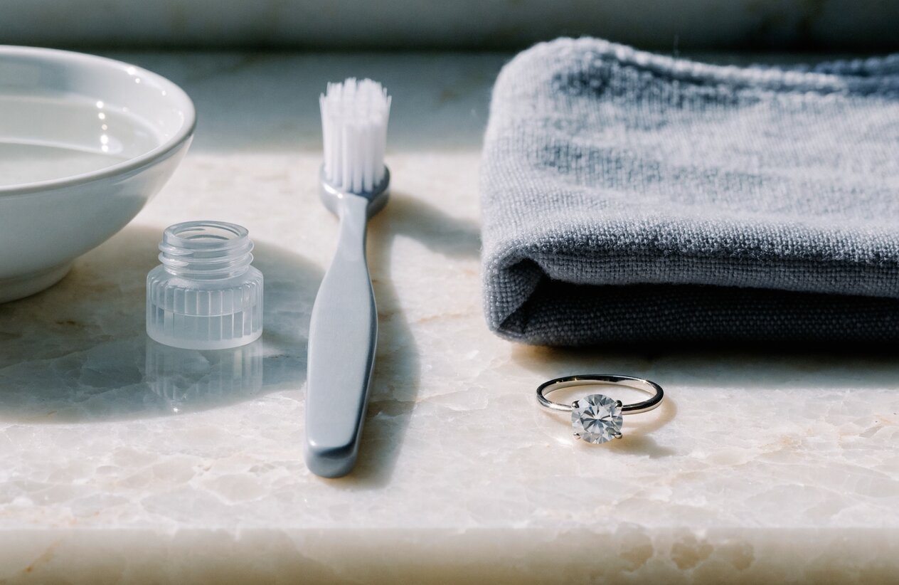 Bowl of lukewarm water, a soft toothbrush and a lint-free microfiber cloth laid out beside a sterling silver moissanite ring
