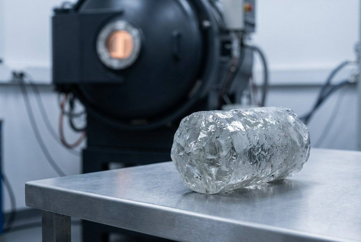 Rough colorless crystal on a steel laboratory bench in front of a high-temperature growth furnace