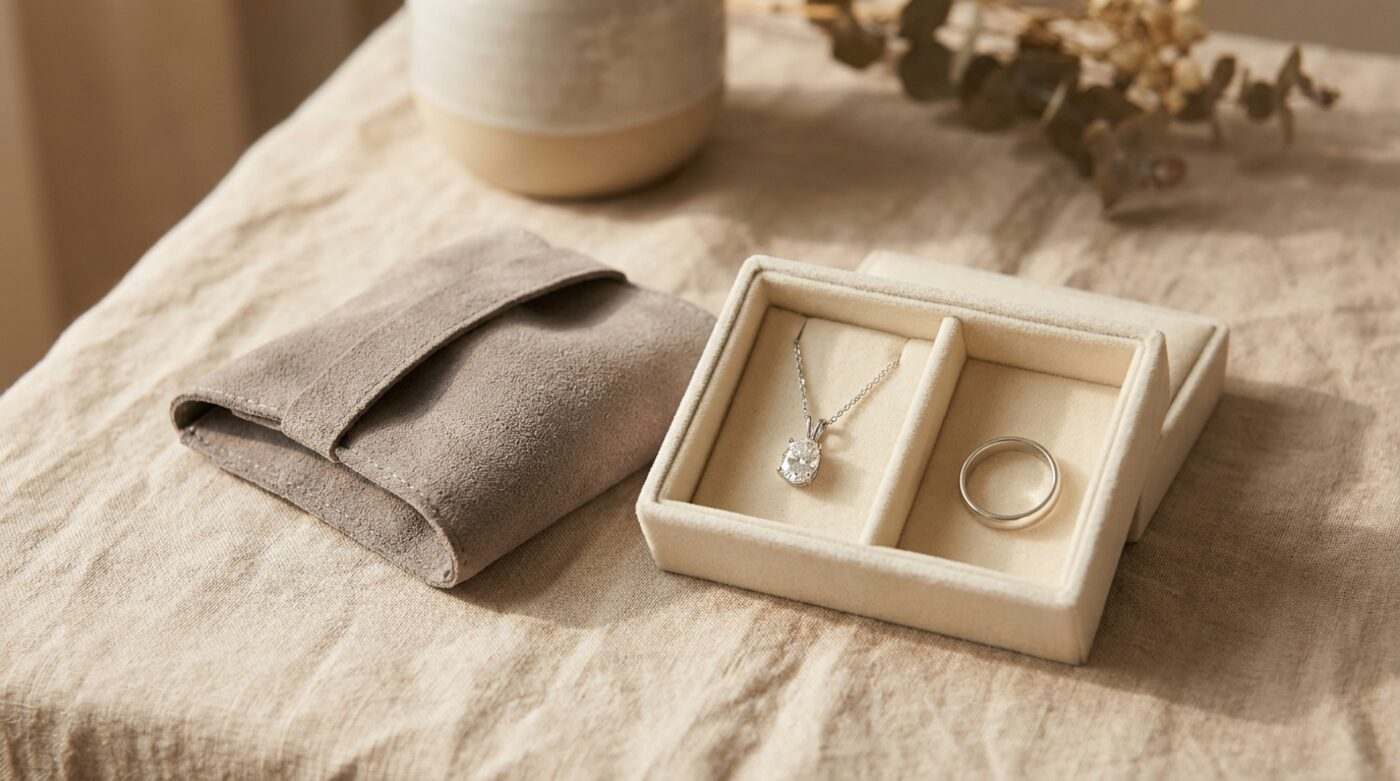 A moissanite pendant and a silver ring stored separately in a lined jewelry box next to a soft suede pouch