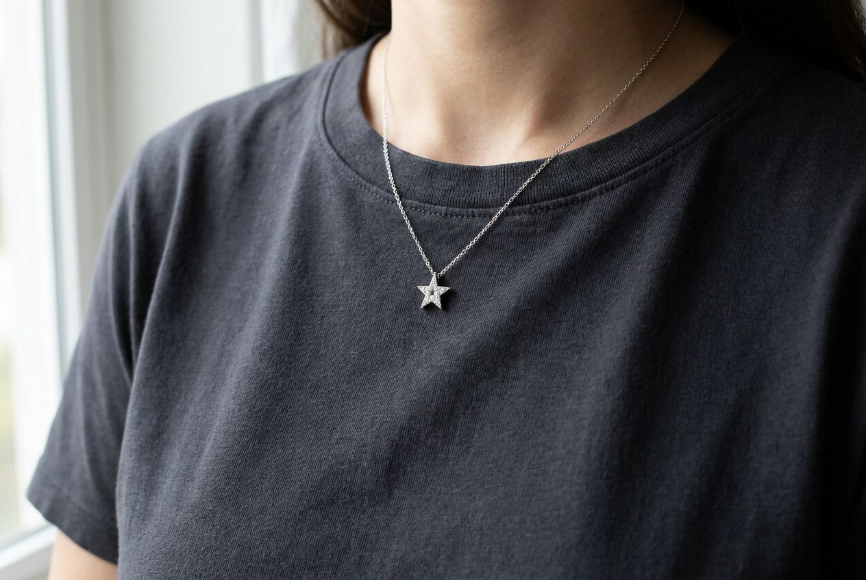 Small silver star pendant on a fine chain resting below the base of the neck over a dark crew neck shirt