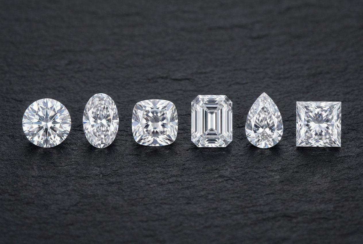Six loose moissanite stones in a row showing round, oval, cushion, emerald, pear and princess outlines