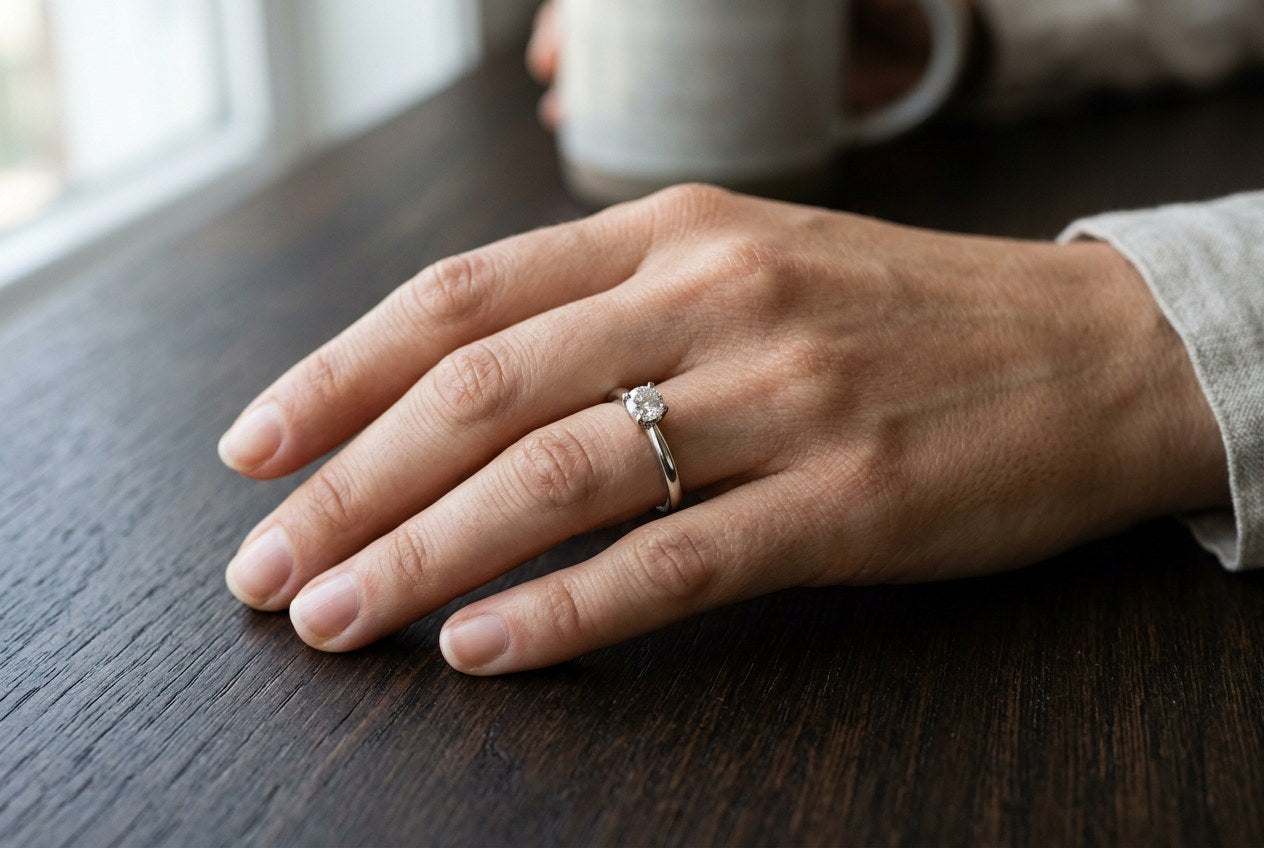Slim polished sterling silver solitaire ring set with a round brilliant moissanite, worn on a hand in natural daylight