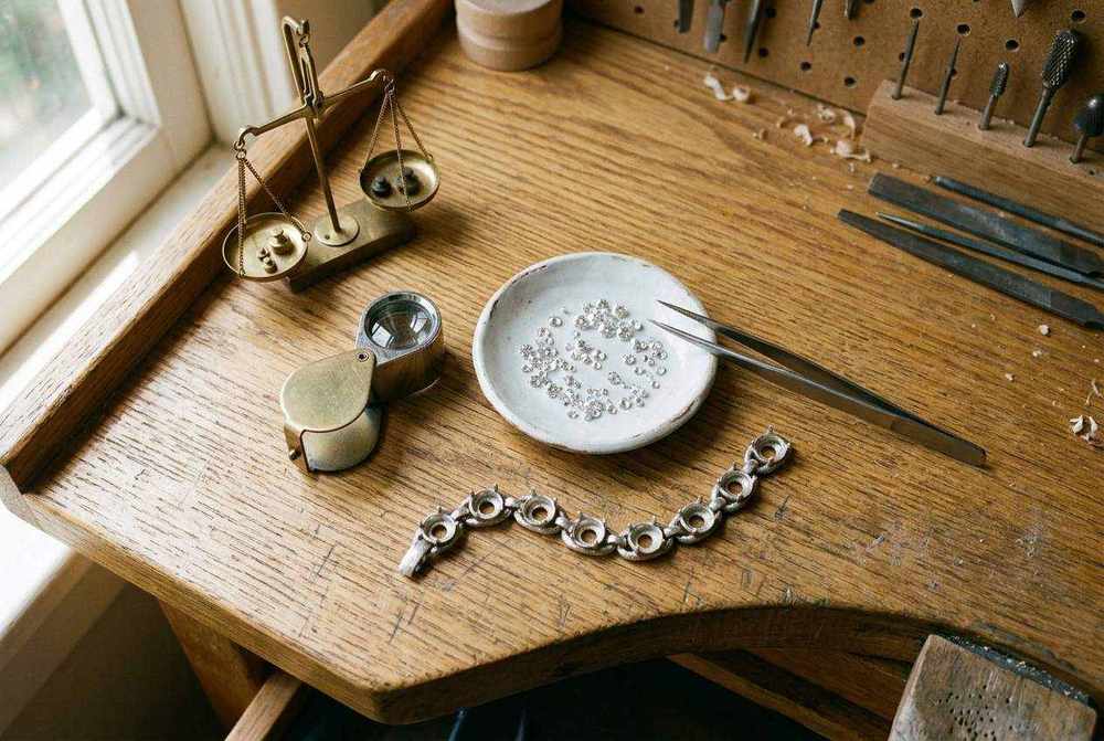 Jeweler's bench with loose moissanite stones in a dish, tweezers, a loupe and a bracelet with empty prong settings