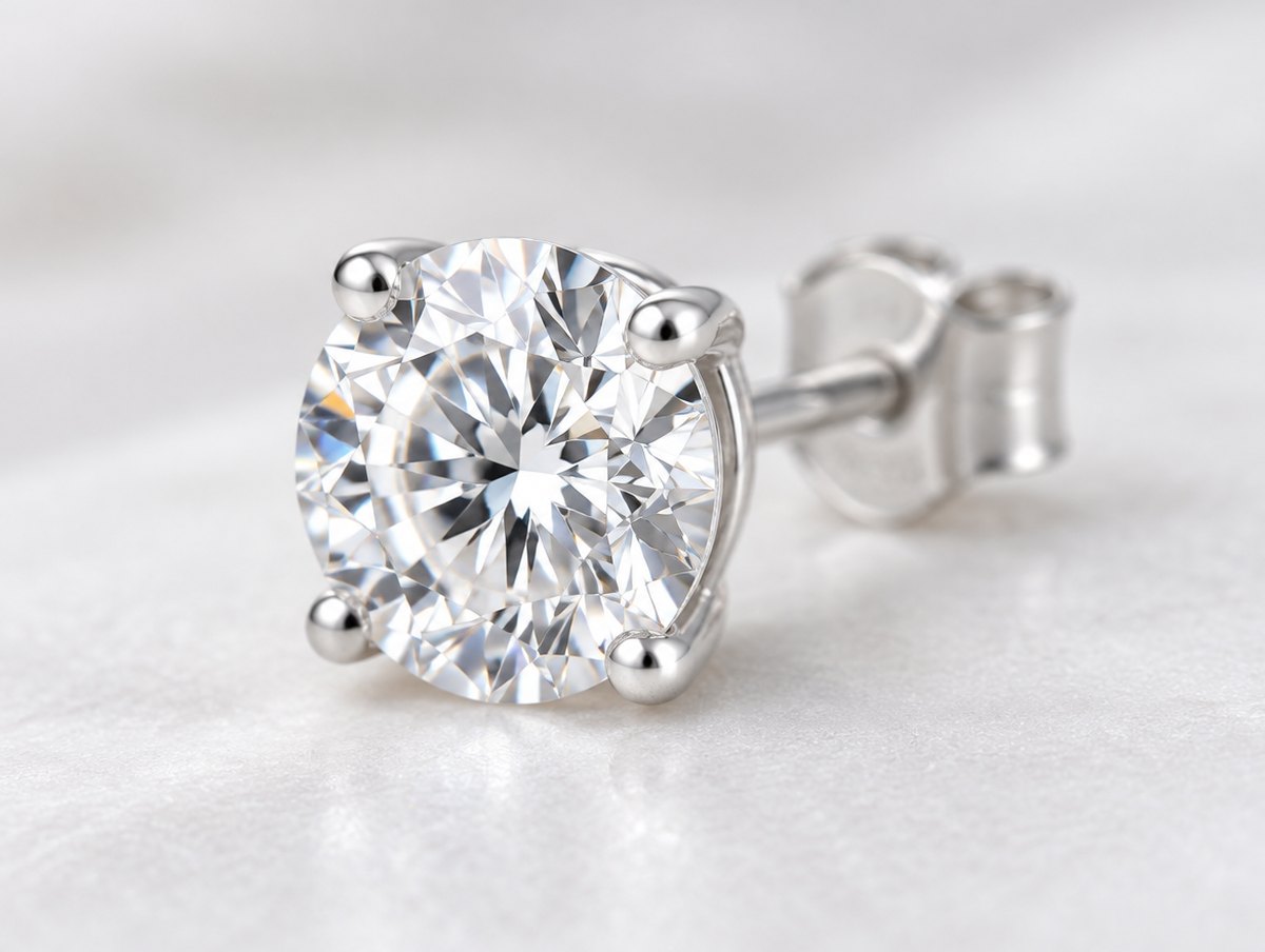 Close-up of a round brilliant-cut moissanite stud earring showing its facet pattern and four-prong sterling silver setting