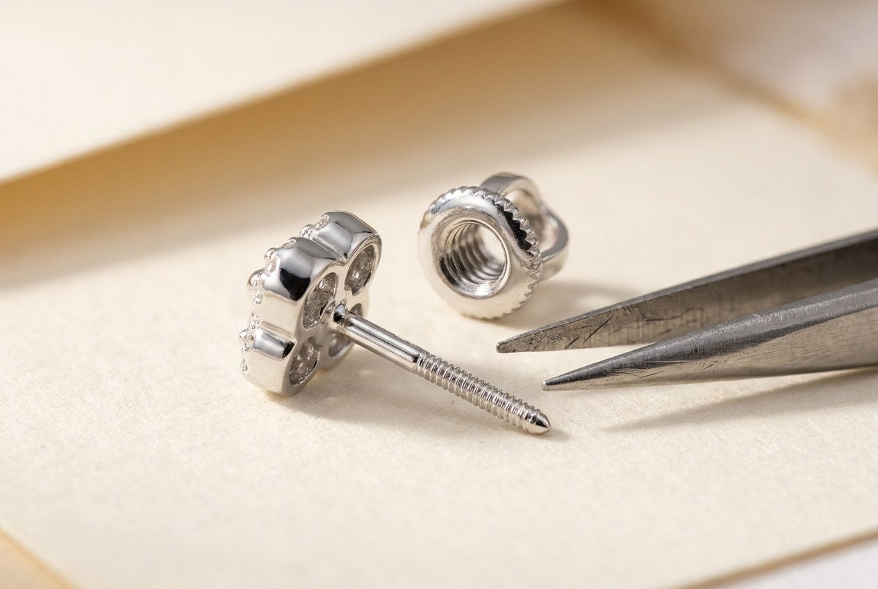 Clover moissanite stud earring showing its threaded post and matching screw back