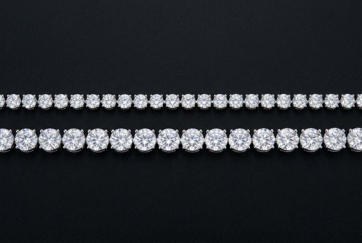 Two moissanite tennis bracelets photographed side by side showing the difference between a slim and a wider stone line