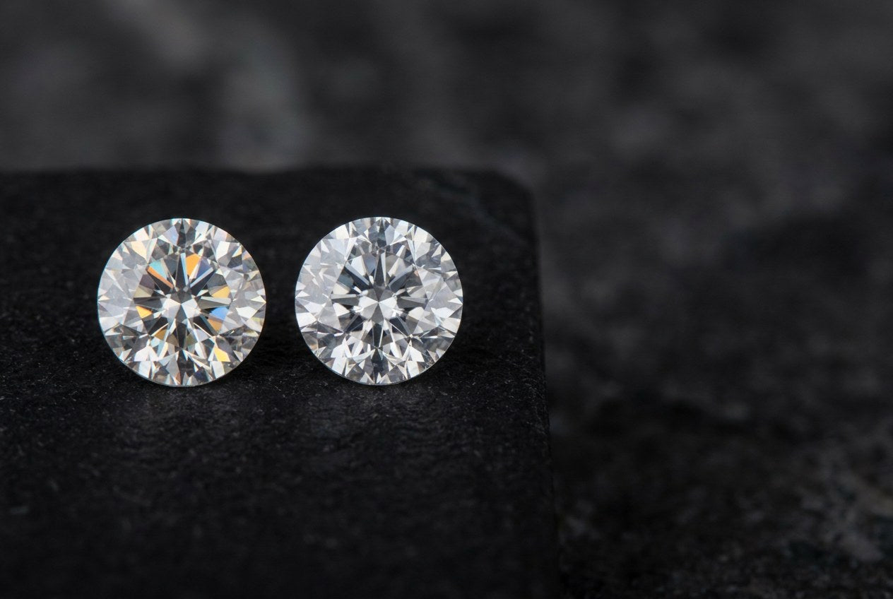 Two round brilliant-cut colorless stones side by side on a black stone surface, the left one showing more colored fire