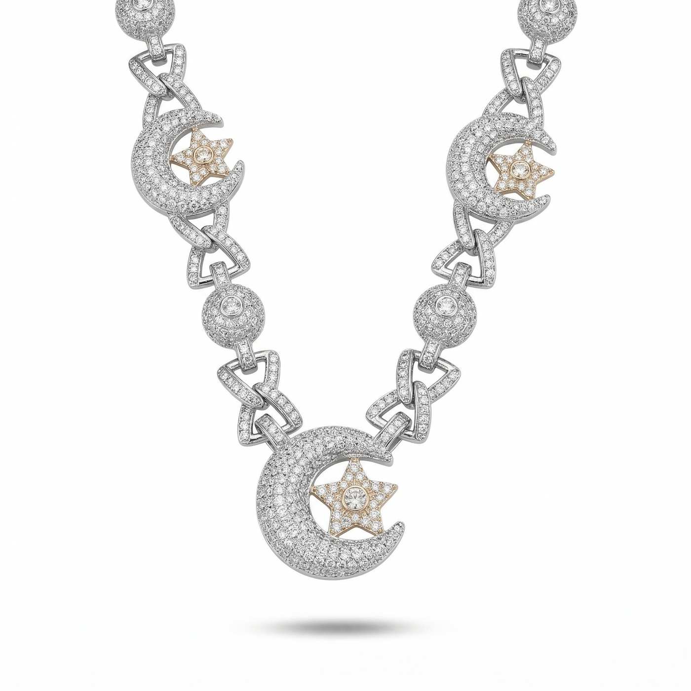 ‘Celestial Crescent’ Lunar Chain featuring intricate crescent moons and star motifs adorned with sparkling moissanite stones in a delicate silver setting.