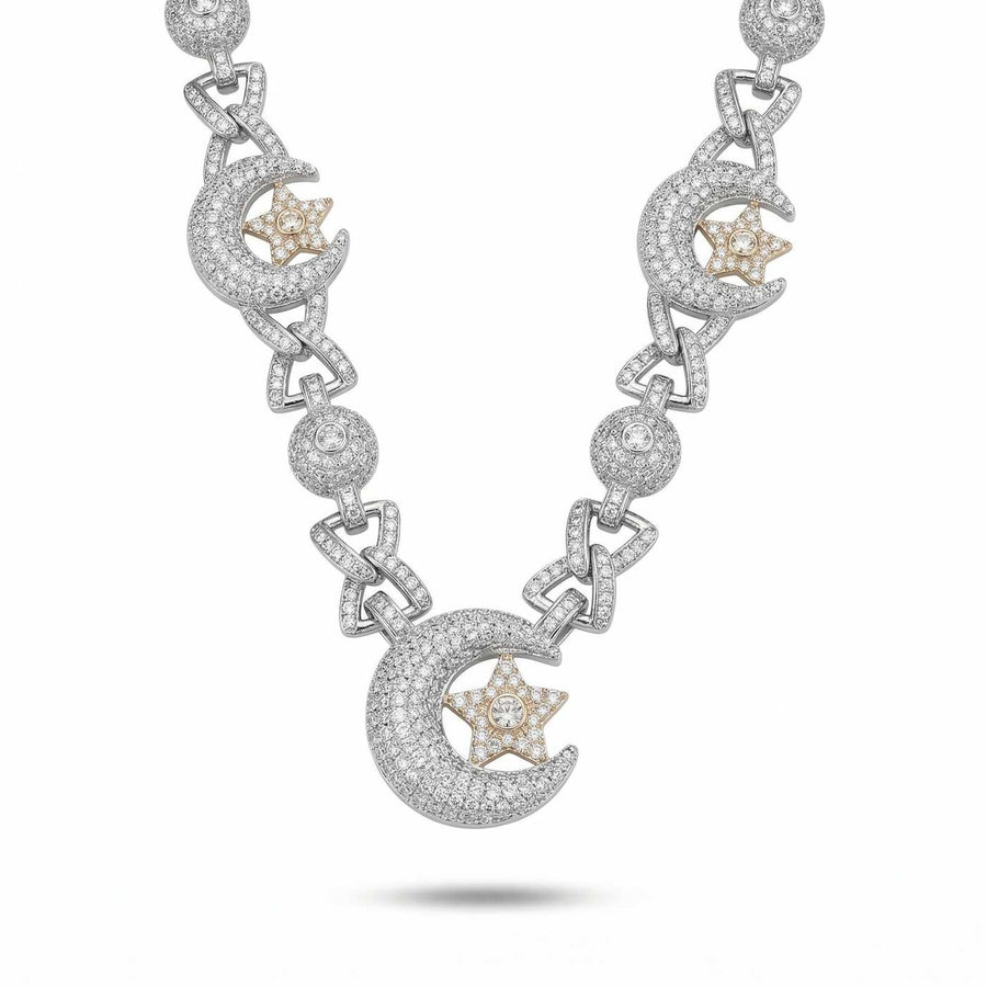 ‘Celestial Crescent’ Lunar Chain featuring intricate crescent moons and star motifs adorned with sparkling moissanite stones in a delicate silver setting.