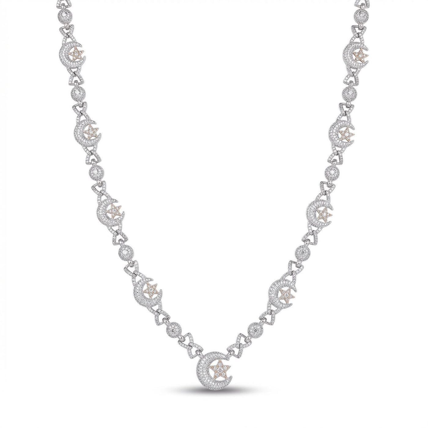 ‘Celestial Crescent’ Lunar Chain showcasing a delicate design of crescent moons and stars crafted in .925 silver with sparkling VVS moissanite accents.