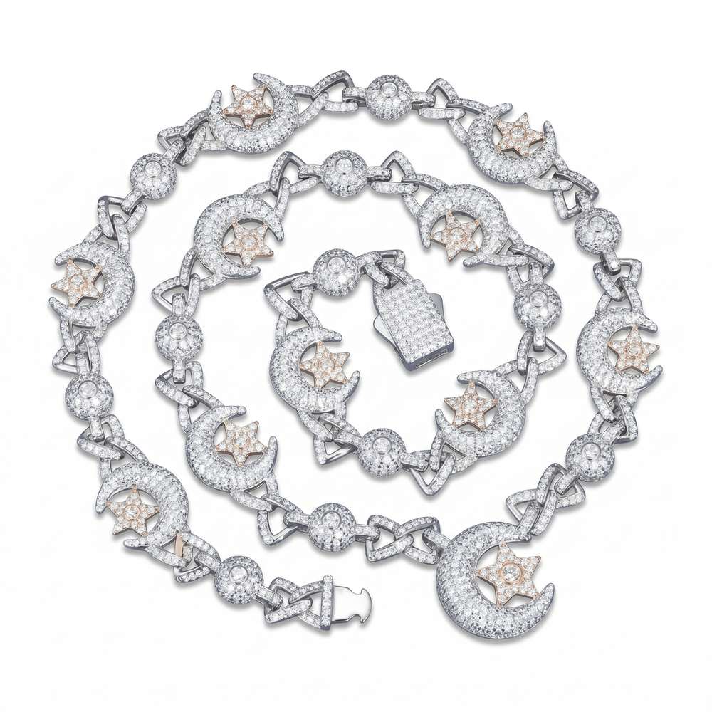 ‘Celestial Crescent’ Lunar Chain featuring intricate crescent moons and star motifs adorned with sparkling .925 silver and VVS moissanite stones in an elegant celestial design.