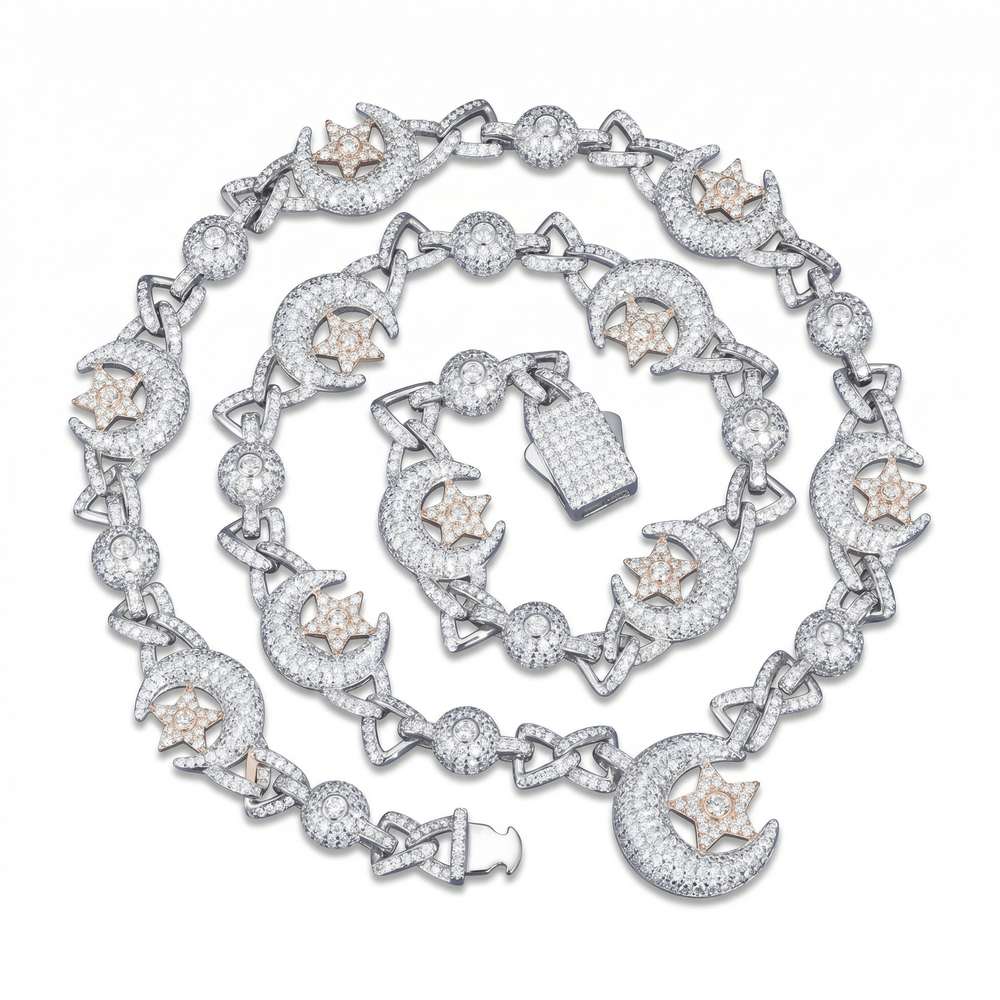 ‘Celestial Crescent’ Lunar Chain featuring intricately designed crescent moons and star motifs set with sparkling stones in .925 silver, showcasing moissanite jewelry elegance.