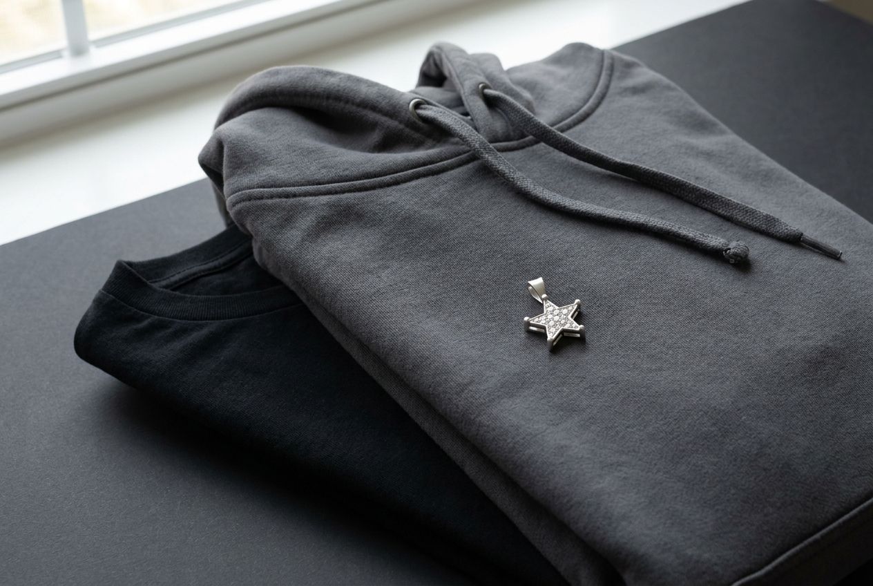 A silver star pendant resting on a folded hoodie and folded crewneck t-shirt, showing the pendant's scale against each collar