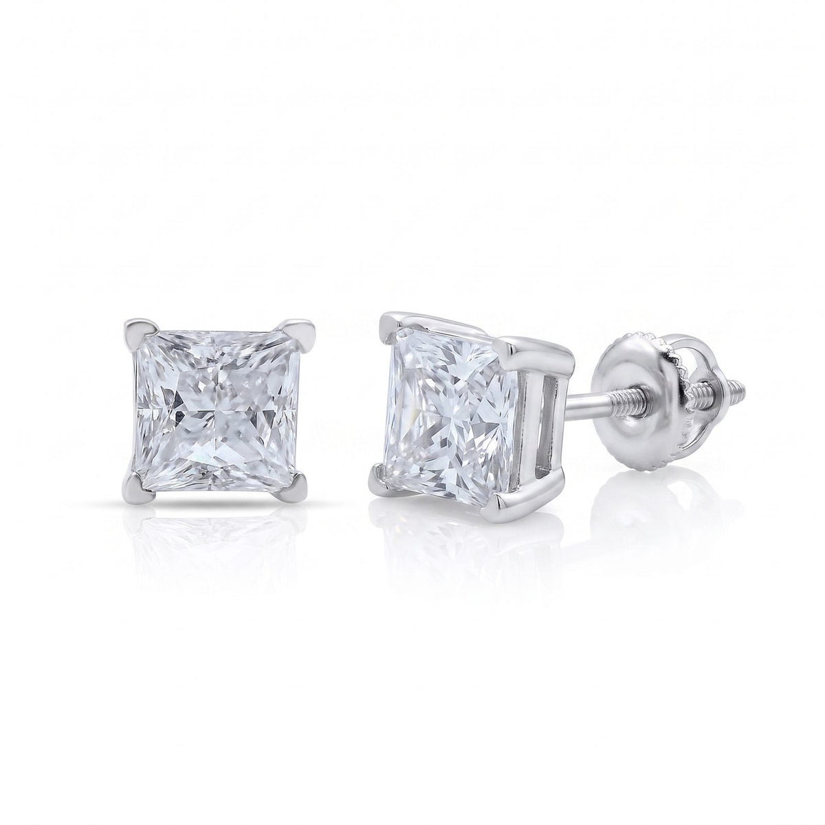 Luxe Princess Cut Earrings - pair shown front and side with screw-back post
