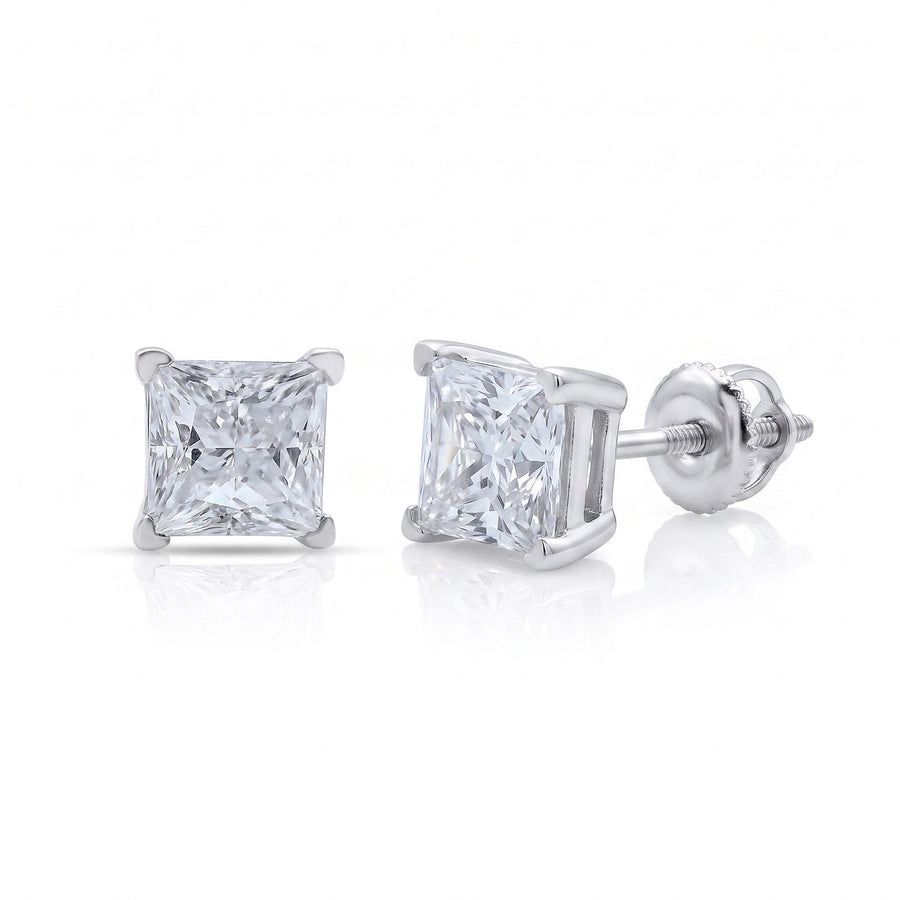 Luxe Princess Cut Earrings - pair shown front and side with screw-back post