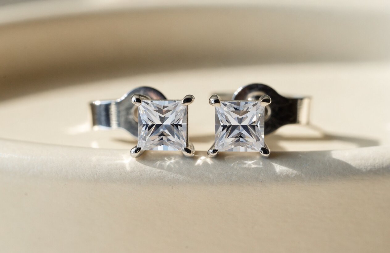 Close up of square princess cut moissanite stud earrings in sterling silver with butterfly backs