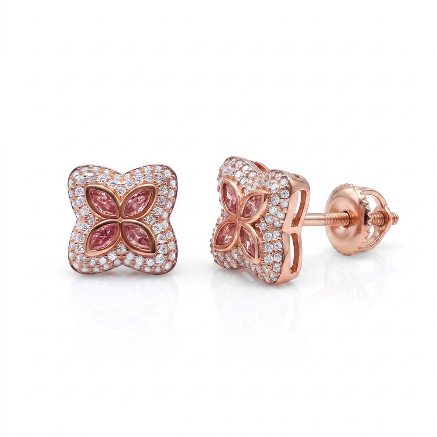 Radiant Marquise Rose Gold Earrings - pair shown front and side with screw-back post