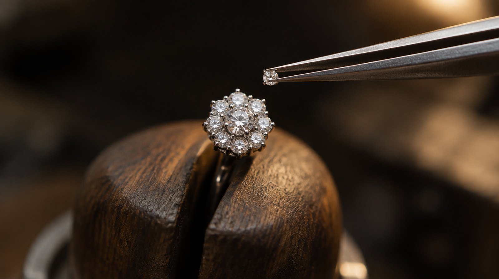 Jeweler placing a small round moissanite stone into a sterling silver cluster earring held in a bench clamp
