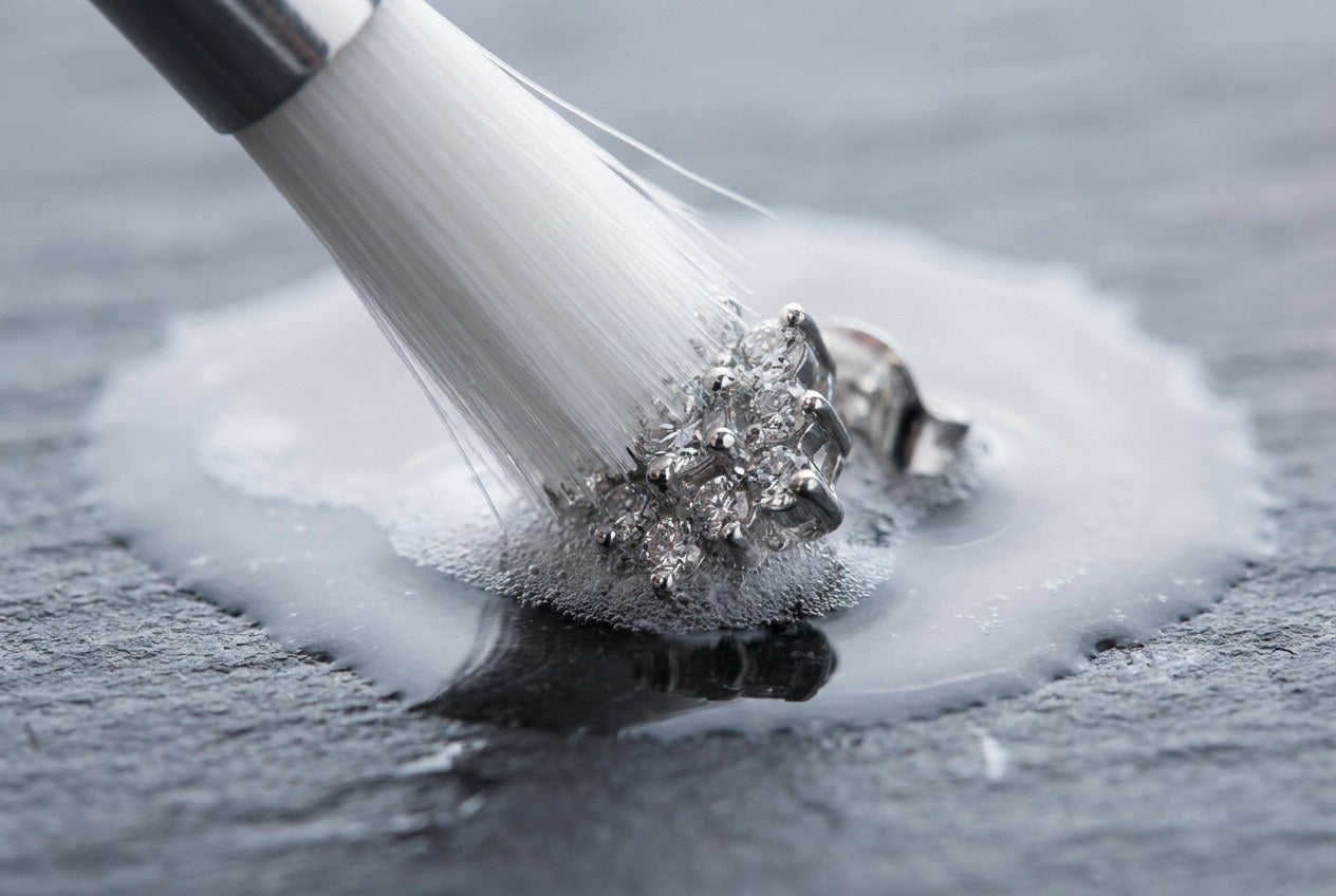 A soft bristled brush angled into the side of a cluster set earring so the bristles reach between the stones