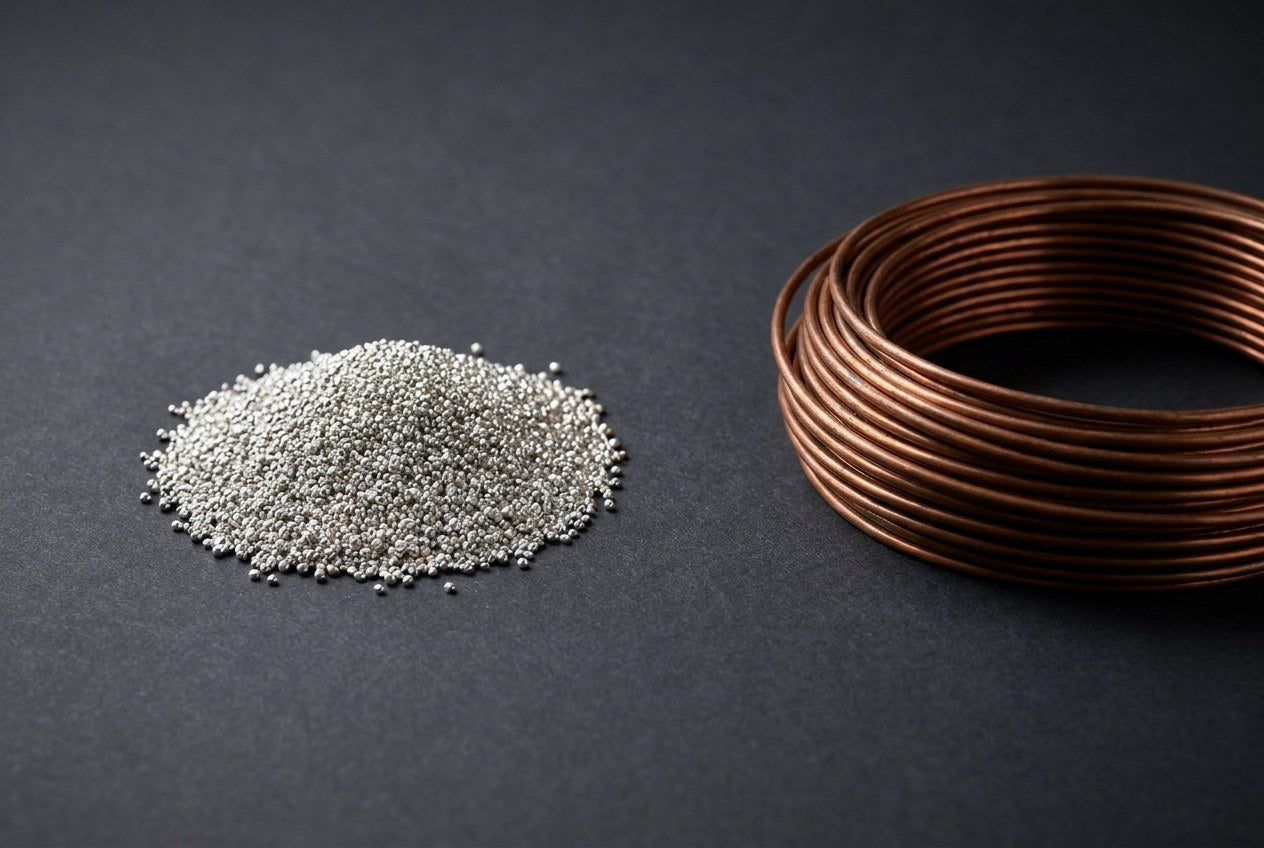 A small mound of fine silver granules beside a coil of copper wire on a dark background