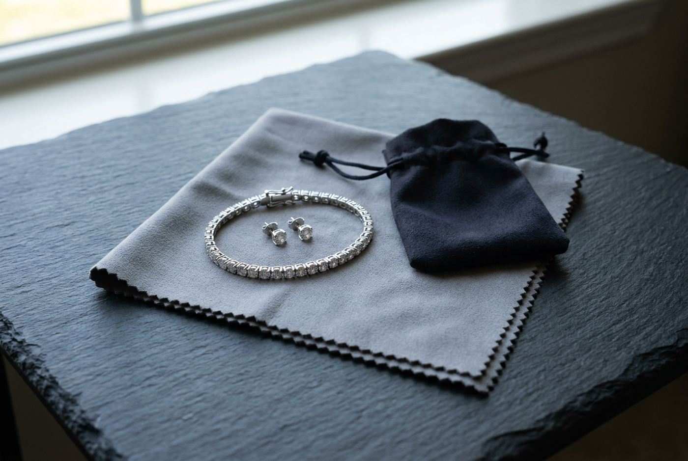 Sterling silver moissanite tennis bracelet and stud earrings laid on a polishing cloth beside an anti-tarnish storage pouch
