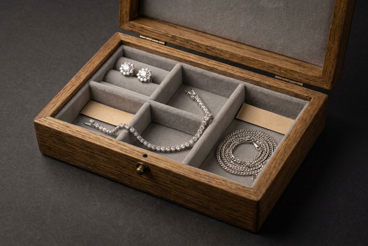 Sterling silver moissanite jewelry stored in separate lined compartments of a box with anti-tarnish strips