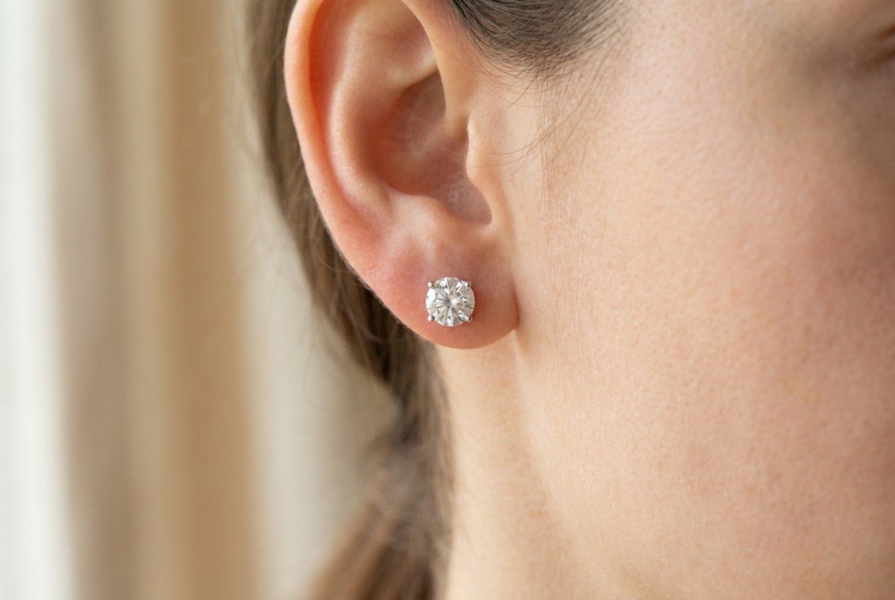 Sterling silver moissanite stud earring worn on an ear in soft daylight