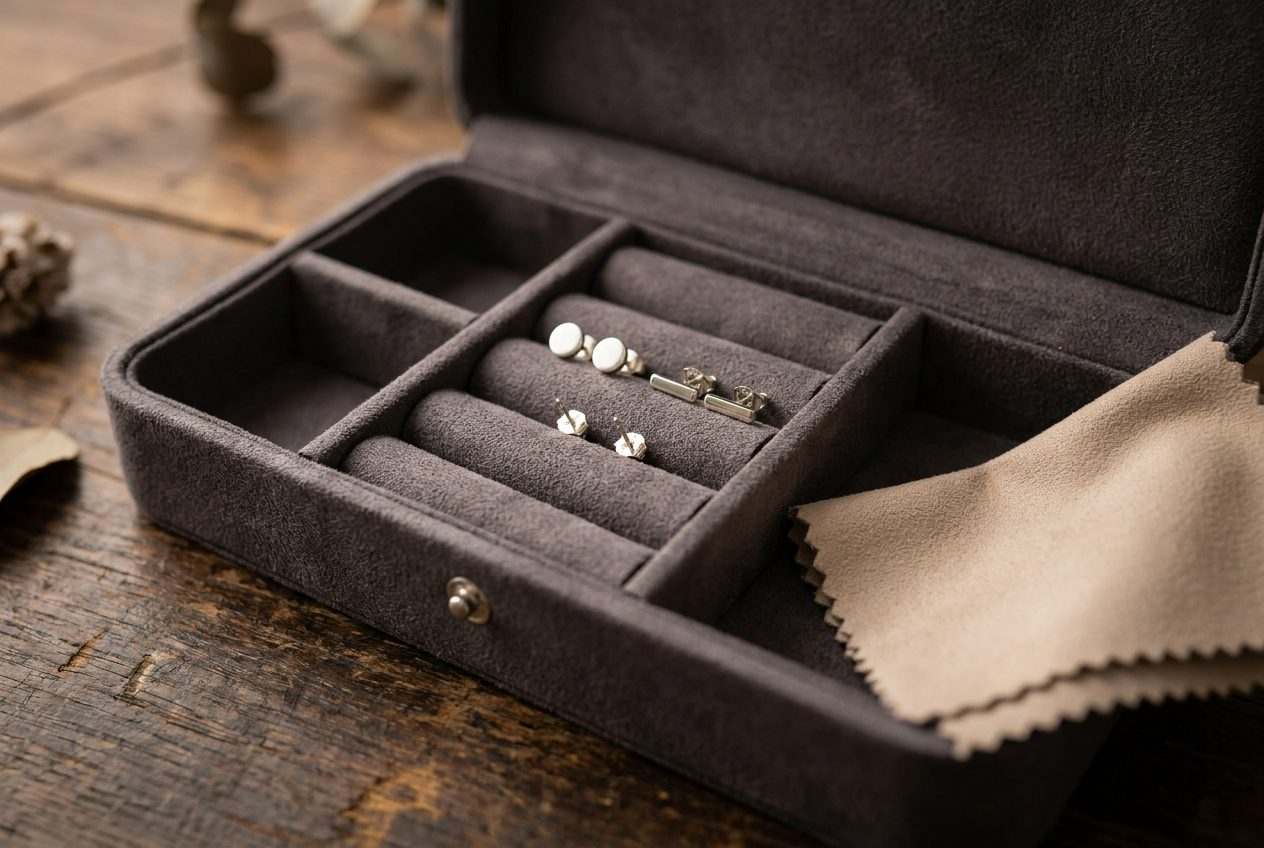Stud earrings stored in a slotted grey jewelry box next to a soft polishing cloth