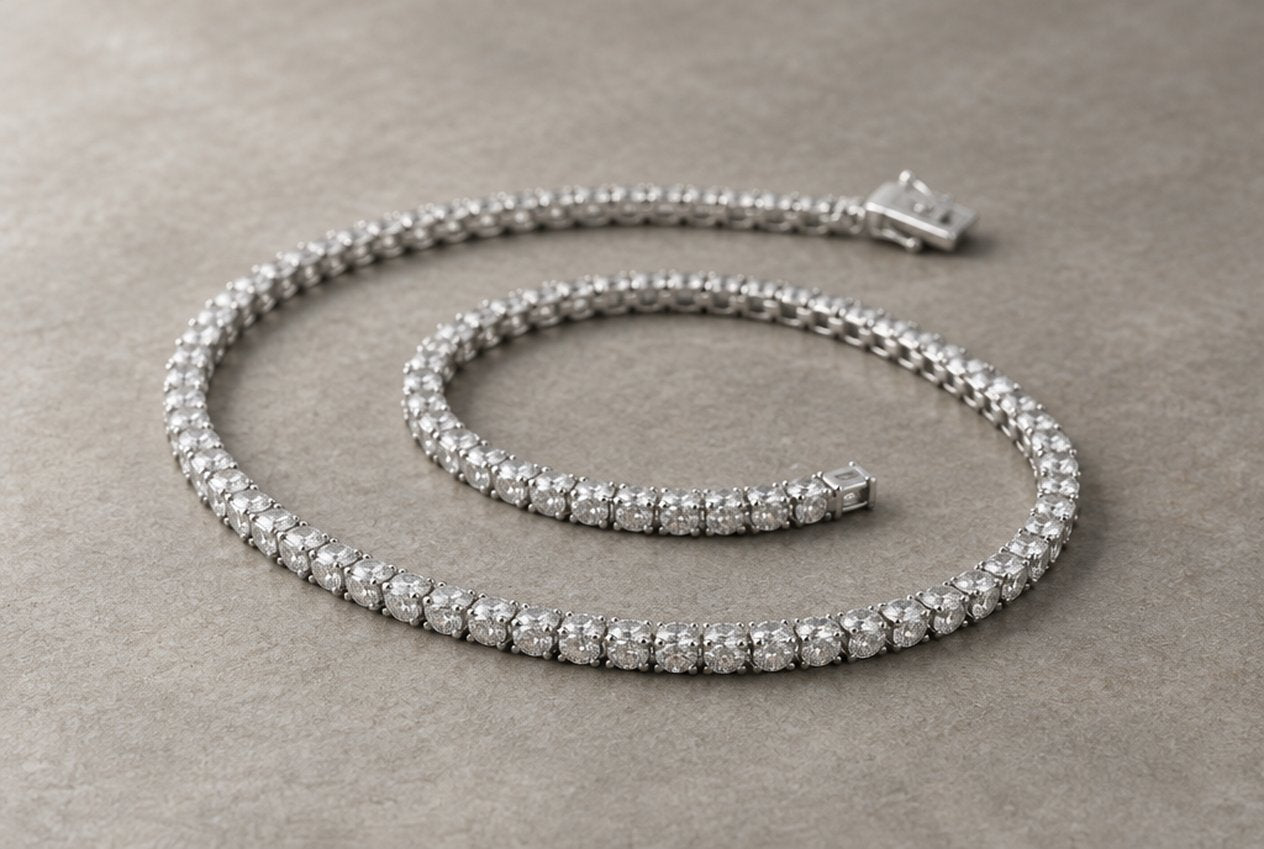 A sterling silver moissanite tennis chain coiled on a neutral stone surface, showing the continuous row of prong-set round stones and the box clasp.