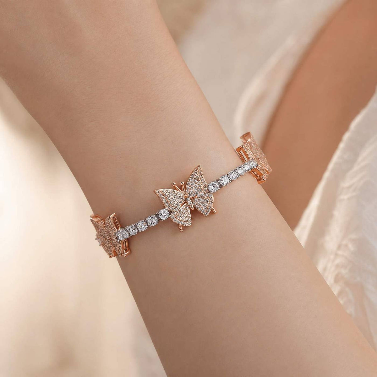 Rose Gold Butterfly Tennis Bracelet by Jamilah Jewels - VVS Moissanite & .925 Sterling Silver Jewelry