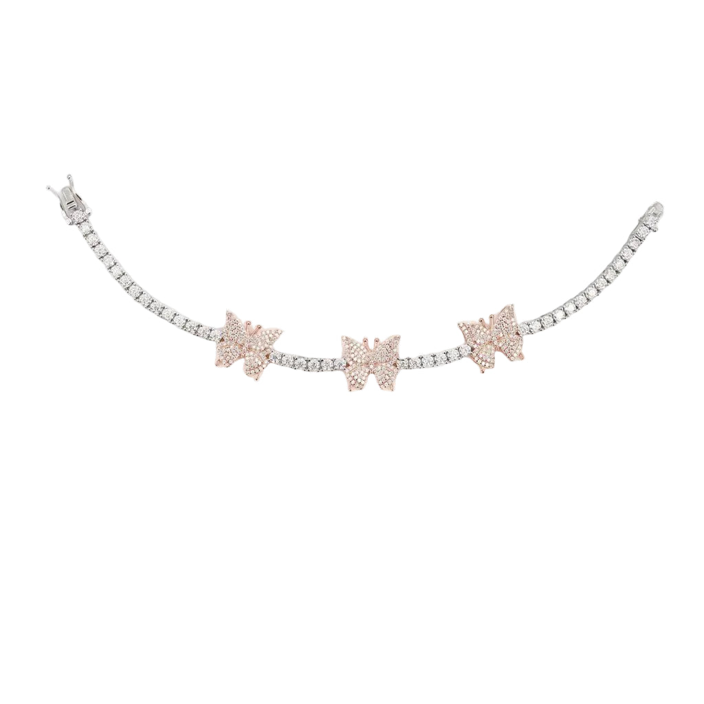 Two tennis bracelets featuring butterfly designs, one in rose gold and one in .925 sterling silver, adorned with VVS moissanite, Rose Gold Butterfly Tennis Bracelet - VVS Moissanite .925 Sterling Silver - Jamilah Jewels