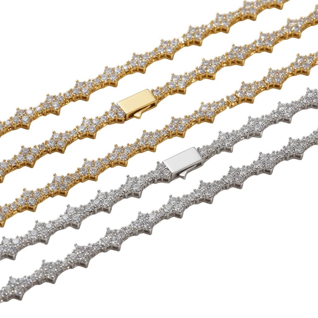 Two moissanite bracelets, one gold-tone and one sterling silver, on a white background