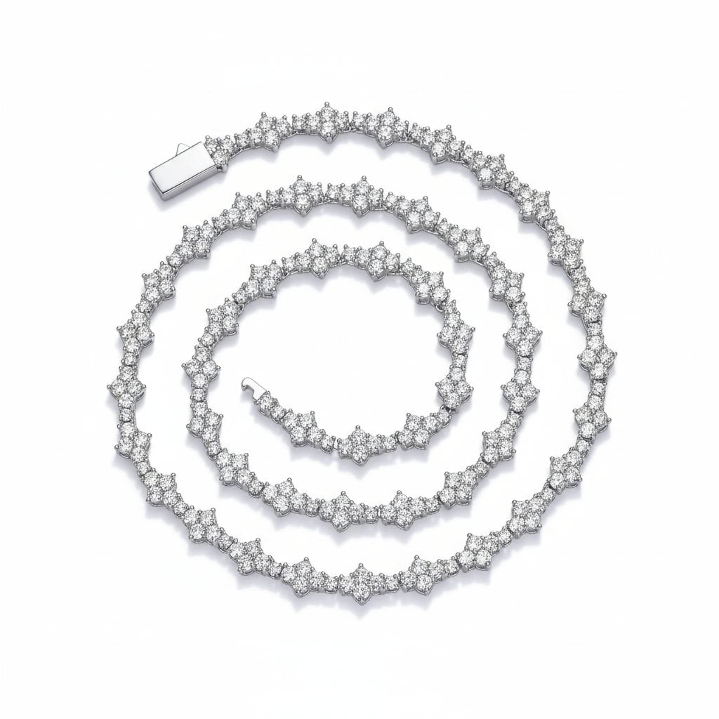 Sterling silver moissanite necklace on a white background