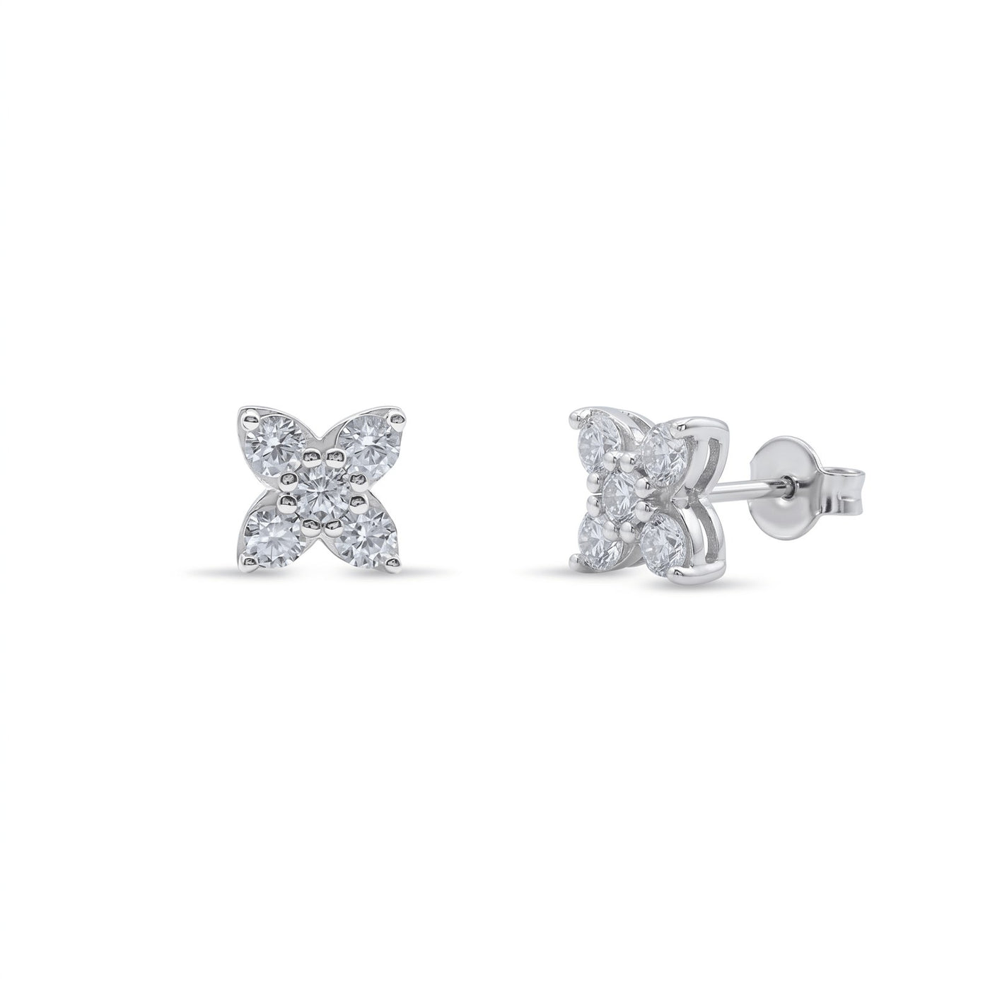 Sophisticated Crossed Icon Earrings featuring a delicate design with four sparkling stones arranged in a cross shape, crafted in polished .925 silver for an elegant look.